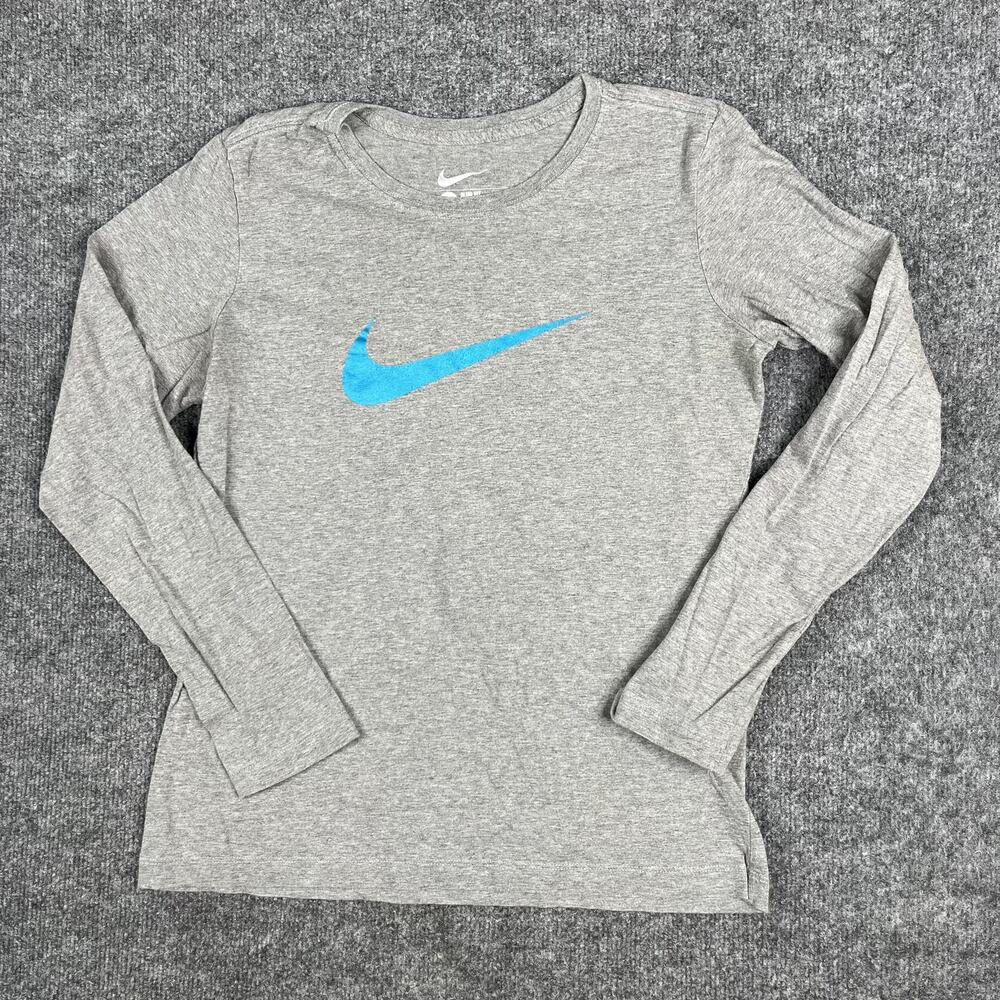 Nike T-Shirt Womens Size L Gray Long Sleeve Swoosh Logo Athletic Casual